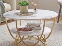 Friends & Furniture Marble Round Coffee Table,2 Tier Nesting Tables for Living Room, Modern Luxury Sofa Center Table with Double Storage Self Marble MDF Top Metal Legs Accent Table (White - Golden)