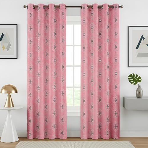 GOYCORS Polyester Premium Heavy Geometric Dmass Printed Window and Door Curtains 9 feet Long Set of 2 (Door 4 Feet x 9 Feet, Pink)