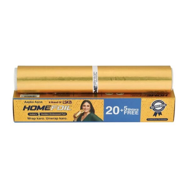 HOMEFOIL 25 Meters Golden Embossed Converted Aluminium Foil | 12 Micron Thickness | Keeps Food Fresh Always | Perfect for Food Wrapping, Packing, Storing and Serving (Pack of 1)