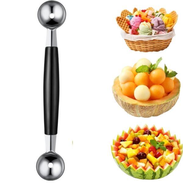 HONOOR Double-Sided Fruit Melon Baller Spoon, 2 in 1 Stainless Steel Melon Ballers Melon Scoop for Watermelon Cantaloupe Ice Cream,18cm, Black/Silver (AQ608)