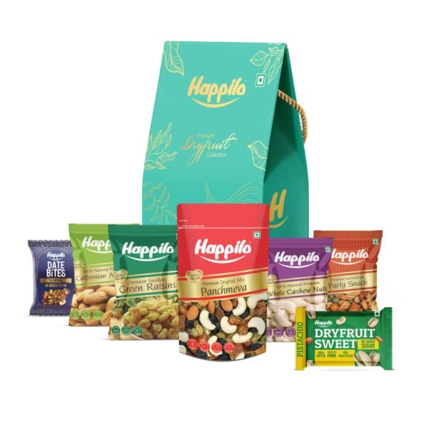 Happilo Premium Celebrations Gift Pack with 7 Inclusions | Dry fruit Sweet, Date bite, Almond, Cashew, Raisin, Panchmeva, Party Snack | Robin | Birthday, Anniversary Hamper