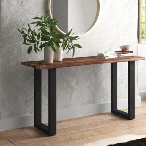 Homey Essense Contemporary Metal & Solid Sheesham Wood Live Edge for Entryway, Live Edge Console Table for Hallway, Console Table for Living Room | Brown