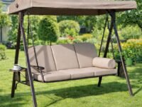 Invezo Luxury Outdoor Garden Swing 3 Seater Jhula with Cushion and Waterproof Roof (Jhula for Adults, Outdoor Swing for Kids) Cup Holder and Round Pillow, Khaki Color