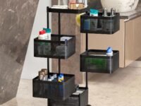 Kitchenwell Metal Multi-Purpose Trolley Storage Organizer and Kitchen Accessories Items for Kitchen Storage Rack Square Design Fruits & Vegetable Onion Cutlery (Matt Black, 5 Layer Drawer)