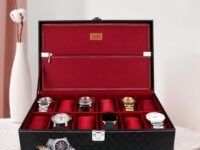 LEDO Men's and Women's Watch Box Holder Organizer Case In 12 Slots of watches In PU Leather Royal Black & Cherry color with Chain Pocket