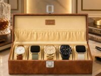 LEDO Watch Box organizer case for Men and Women in tan color with 5 slots of watches PU Leather