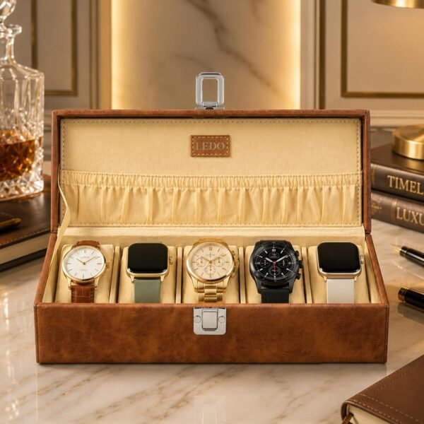 LEDO Watch Box organizer case for Men and Women in tan color with 5 slots of watches PU Leather