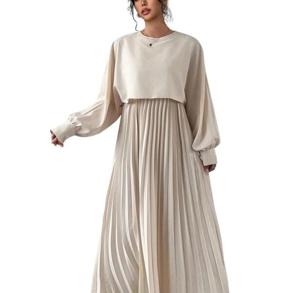 LITZO Dress for Women || Women’s Solid Pleated Maxi Dress || Modest Long Sleeve Loose Fit Flowy Gown for Casual, Office & Brunch || Lightweight Comfortable Western Outfit (T-L-17-18)