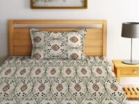 LOOMLYFE 300 TC Cotton Feel Glace Elastic Fitted Printed Single Bed Bedsheet with 1 Pillow Cover Fits Upto 6 Inches Mattress,Size- 42X75X8 Inches, BeigeJaipuri