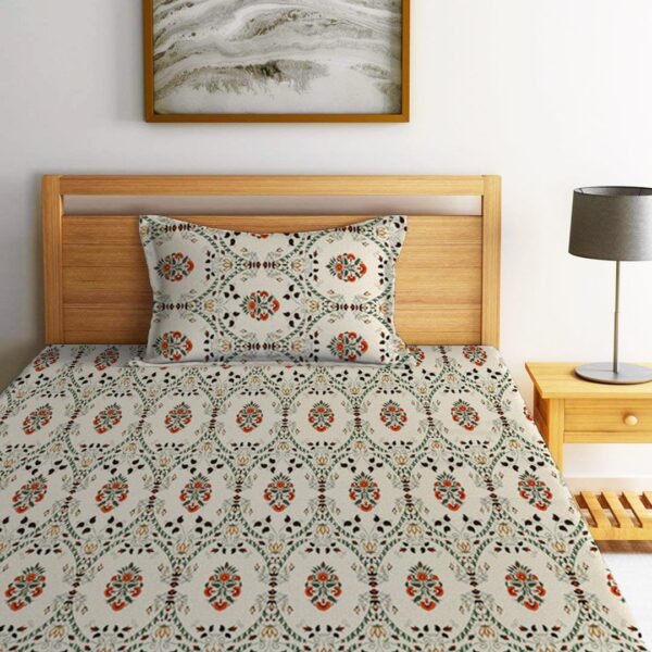 LOOMLYFE 300 TC Cotton Feel Glace Elastic Fitted Printed Single Bed Bedsheet with 1 Pillow Cover Fits Upto 6 Inches Mattress,Size- 42X75X8 Inches, BeigeJaipuri