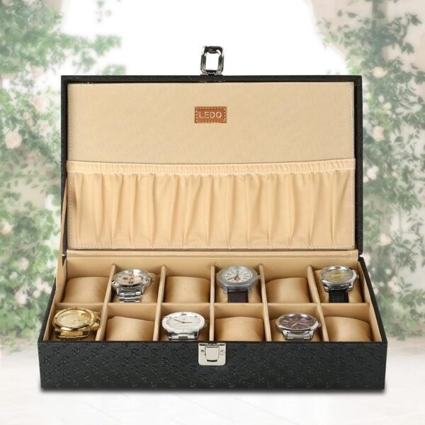Ledo Watch Box Case Organizer Holder For Unisex 12 Slots Of Watches, Black Color - Wood