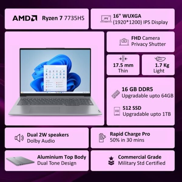 Lenovo ThinkBook 16, AMD Ryzen 7 7735HS, 16GB RAM, 512GB SSD, WUXGA IPS 16", Windows 11 Home, Office 2024, 1.7kg, 21MWA0R4IN, Backlit Keyboard, Fingerprint, 300 Nits, 1Y Warranty, Aluminium Top Laptop