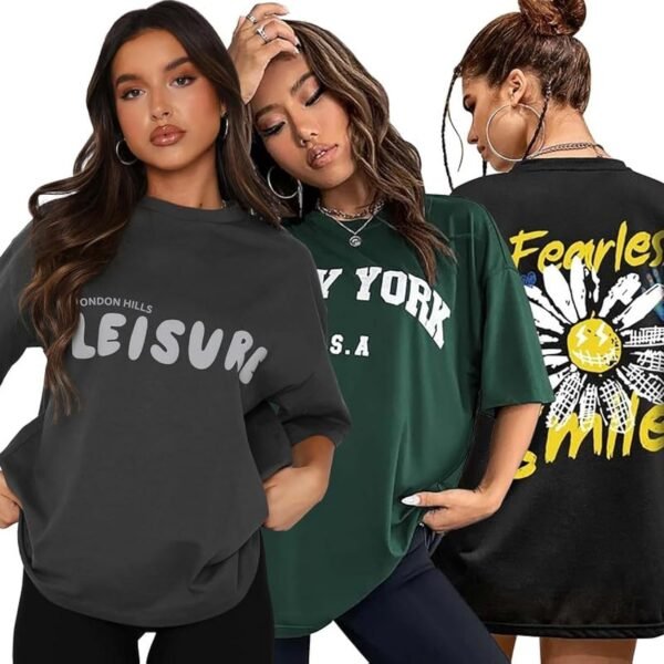 London Hills Women's Cotton Oversized Fit Printed Round Neck Oversized T-Shirt | Loose Fit Drop Shoulder T-Shirt Pack of 3