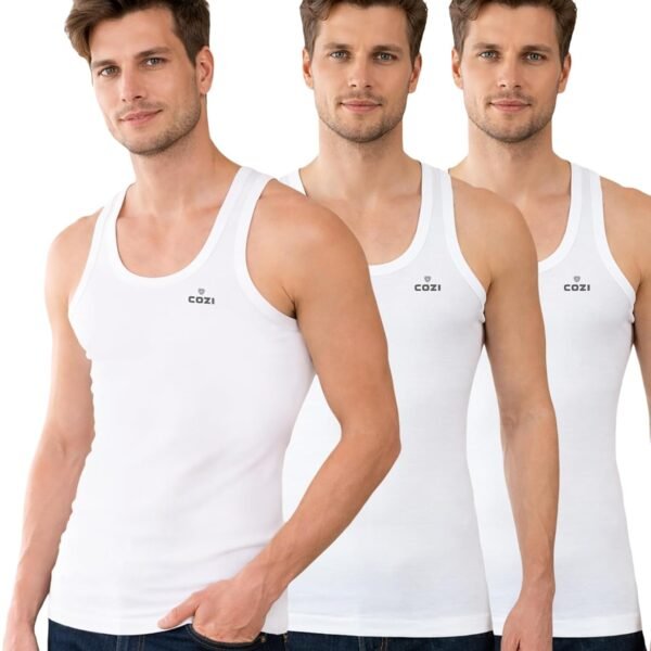 Lux Cozi Men's White Round Neck Sleeveless Cotton Vest (Pack of 3)