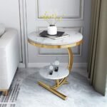 Luxury Marble Look End Table Sofa Side Table Corner Table with Storage Shelf for Home & Living Room Small Round Indoor Outdoor Coffee Table (Gold White)