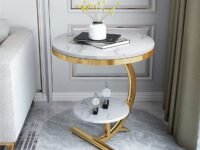 Luxury Marble Look End Table Sofa Side Table Corner Table with Storage Shelf for Home & Living Room Small Round Indoor Outdoor Coffee Table (Gold White)