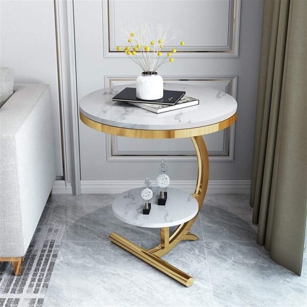 Luxury Marble Look End Table Sofa Side Table Corner Table with Storage Shelf for Home & Living Room Small Round Indoor Outdoor Coffee Table (Gold White)