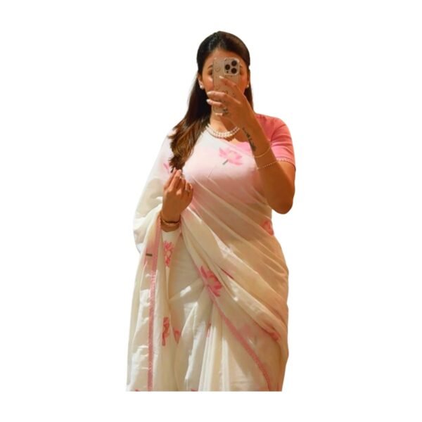 MARGI DESIGNERS Womens New Latest Bollywood Style Linen Cotton Floral Printed Fancy Lace Border Saree with Blouse | Saree For Womens