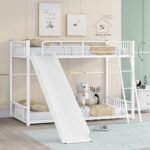 Metal Bunk Beds Twin Over Twin With Slide for Kids, Heavy Duty With Ladder for Girls Boys, No Box Spring Required, White - Powder Coated