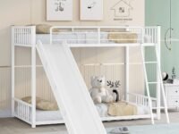 Metal Bunk Beds Twin Over Twin With Slide for Kids, Heavy Duty With Ladder for Girls Boys, No Box Spring Required, White - Powder Coated