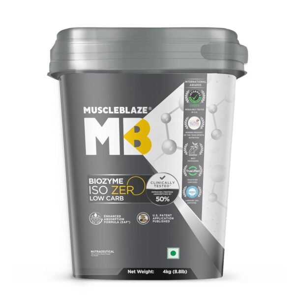 MuscleBlaze Biozyme Iso-Zero, Low Carb Whey Protein Isolate Powder, Ice Cream Chocolate (4kg / 8.8lbs) | 27g Isolate Whey Per Scoop | USA Patent-Published Enhanced Absorption Formula (EAF)