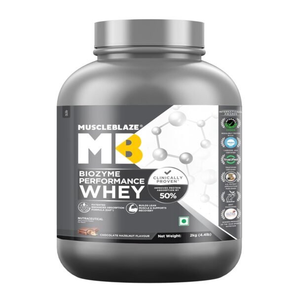 MuscleBlaze Biozyme Performance Whey Protein Powder, Chocolate Hazelnut (2kg / 4.4lbs) | 25g Protein Per Scoop | Clinically Tested 50% Higher Protein Absorption