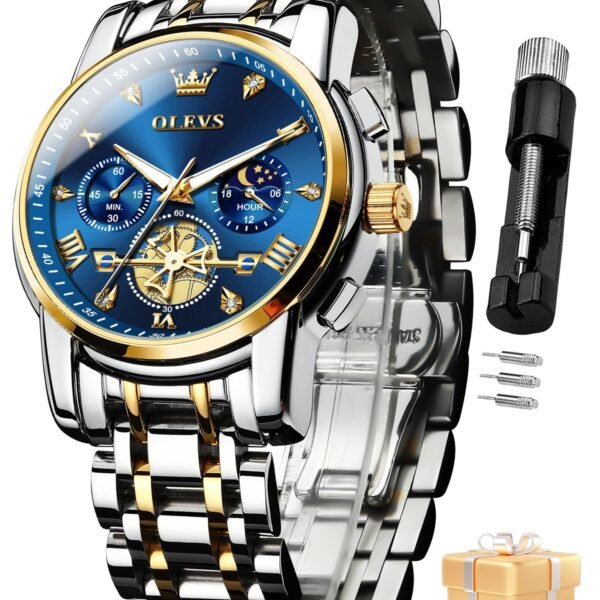 OLEVS Watch for Man Analog Quartz Skeleton Chronograph Diamond Watches Stainless Steel Moon Phase Calendar Waterproof Dress Watches