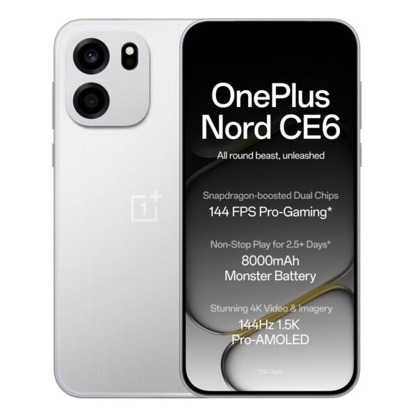OnePlus Nord CE6 | 8GB+128GB | Lunar Pearl | Snapdragon 7s Gen 4 | Segment's Fastest Touch Response | 8000mAh Battery | 144Hz 1.5K AMOLED Display | 50MP Main + 32MP Selfie 4K Cameras | IP66,68,69,69K
