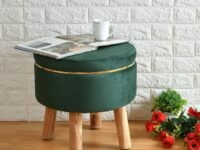 Ottoman Stool for Living Room Foot Rest | Velvet Small Ottoman Foot Stool | Solid Wood Legs | Footstool Puffy for Home, Bedroom & Makeup Table | 16x16x18 Inch (Small-Green)