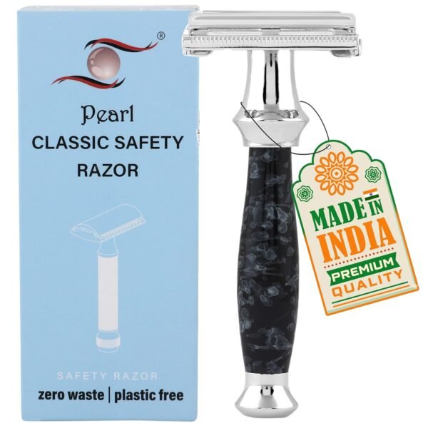 Pearl Shaving Double Edge Safety Razor (SS-95 Marble Black) | Proudly Made In India | Brass Metal With Premium Chrome Plating | Classic And Traditional Razor | Butterfly | 10 Platinum Coated Double Edge Blade Refills Valentine Gift Option