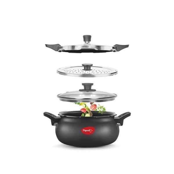 Pigeon By Stovekraft All in One Super Cooker Aluminium with Outer Lid Induction and Gas Stove Compatible 5 Litre Capacity for Healthy Cooking (Black)