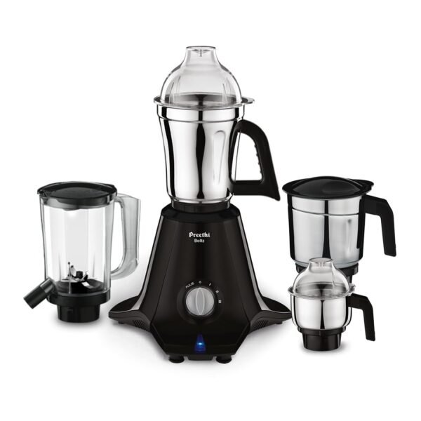 Preethi Boltz 1000 Watts Mixer Grinder, 4 Jars (3 Stainless Steel Jars, Blender Jar), Powerful Grinding for Masalas, Chutneys and Batters, 2 Year Warranty, Lifelong Free Service, Black