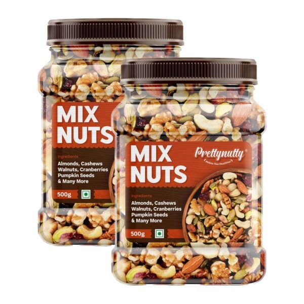 PrettyNutty Healthy Nutmix 1kg, Dried Almonds, Black Raisins, Cashewnuts, Cranberries, Green Raisins, Walnut Kernels & Many More. Pack of 2 (500g Each Jar)