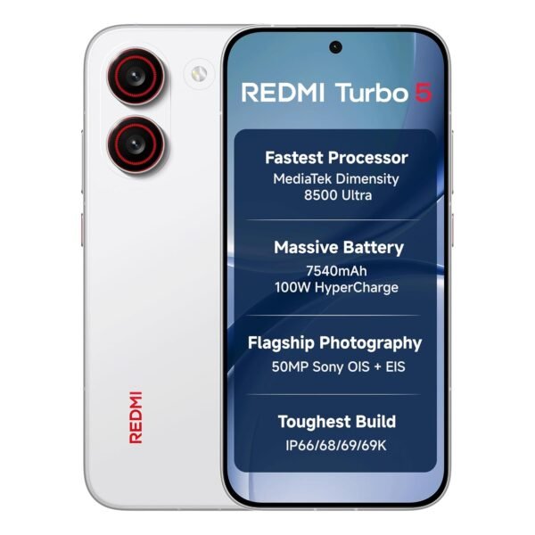 REDMI Turbo 5 (12GB + 256GB) Turbo White | Dimensity 8500 Ultra | Mega 7540mAh Battery | 100W HyperCharge | Compact 16.75cm(6.59) 120Hz AMOLED Screen | 50MP Sony OIS Camera | Upto 60% Assured Buyback
