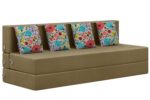 Rosebell Four Seater Sofa Cum Bed, Foldable Sofa Bed 6 X 6 Feet, Jute Fabric- Washable Cover- Including Four Printed Cushion Perfect for Home & Office - Golden Color