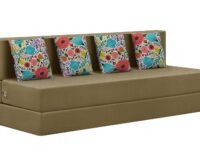 Rosebell Four Seater Sofa Cum Bed, Foldable Sofa Bed 6 X 6 Feet, Jute Fabric- Washable Cover- Including Four Printed Cushion Perfect for Home & Office - Golden Color