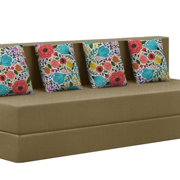 Rosebell Four Seater Sofa Cum Bed, Foldable Sofa Bed 6 X 6 Feet, Jute Fabric- Washable Cover- Including Four Printed Cushion Perfect for Home & Office - Golden Color