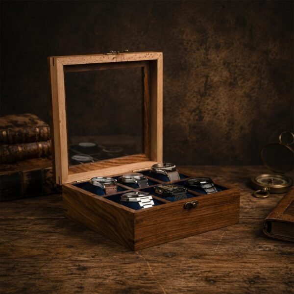 Royal Craft Expertise Watch Box for Men, Wooden Timepiece Organizer Case, Indian Rosewood Display with Hinged Lid, Velvet Lined Storage for Collectors, Gift for Him (Dark brown-6 watch)