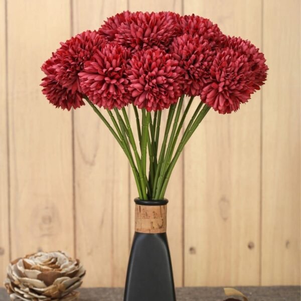 SATYAM KRAFT 5 Pcs Artificial Chrysanthemum Hydrangea Ball Flower Sticks for Christmas Decorations, Home, Bedroom, Balcony, Living Room, Wedding Setup (Fabric, Without Vase) (Red, 5 Pcs)
