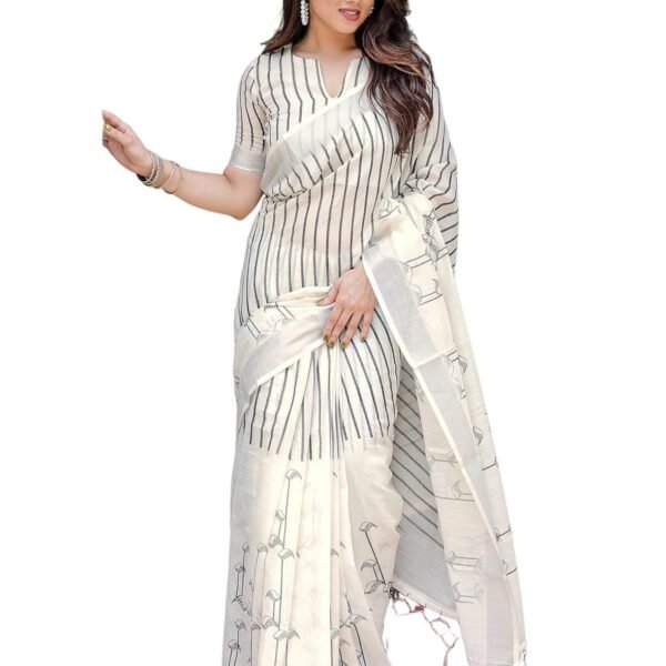 SIRIL Women's Cotton Linen Printed Saree with Unstitched Blouse Piece