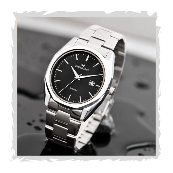 SWADESI STUFF Men's Stylish Black Color Date Display 42mm Hexagon Dial Stainless Steel Silver Strap Analog Watch