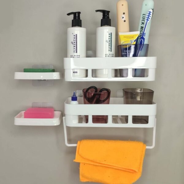 Satpurush Plastic Bathroom Accessories, Bathroom Rack, Bathroom Shelf Organizer, Wall Mounted Shelf, Bathroom Hardware And Accessories, Storage Racks, (4 Pack, 2 Bath Shelf + 2 Soap), White