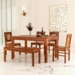 Solid Sheesham Wood Dining Table Set 6 Seater | Six Seater Dining Table 6 Seater with 4 Chairs & 1 Bench for Living Room | 6 Seater Dining Set for Hotel Restaurant Dinning Room|Honey