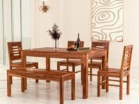 Solid Sheesham Wood Dining Table Set 6 Seater | Six Seater Dining Table 6 Seater with 4 Chairs & 1 Bench for Living Room | 6 Seater Dining Set for Hotel Restaurant Dinning Room|Honey