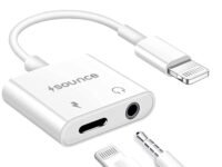 Sounce 2-in-1 8 Pin to 3.5mm Audio & Charging Splitter – Dual Port Adapter Cable for Music, Power, Headsets, Speakers & More – White