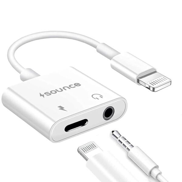 Sounce 2-in-1 8 Pin to 3.5mm Audio & Charging Splitter – Dual Port Adapter Cable for Music, Power, Headsets, Speakers & More – White