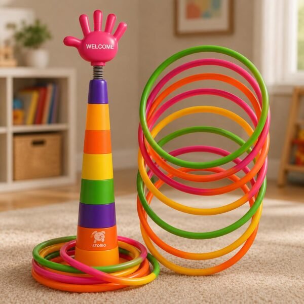 Storio 2 in 1 Ring Toss Game for Kids | Indoor Outdoor Fun Learning Activity Toy | Stacking Rings & Target Throw Game | Multicolor Plastic Toy for Baby | Birthday Gift for 1-5 Years