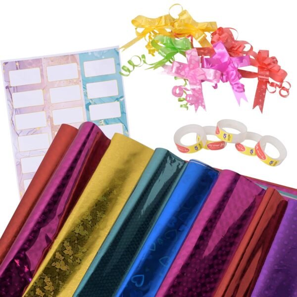 Suffix Retail ® - 25 PCS Gift Wrapping Sheets - Holographic Patterns - 40 Nametag Stickers, 30 Ribbons For Gift Packing & 2 Clear Tape | Gift Wrap Sheets - 45CM x 65CM (25)