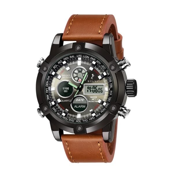 Sylvi Iconic Leather Strap Watches for Men with Analog Digital Display Alarm Stopwatch Water Resistant Watch
