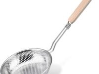 TENTA TENTA KITCHEN Stainless Steel Micro-Perforated Skimmer Strainer,Pasta Noodle Net Basket with Wooden Handle(25 Ounce)